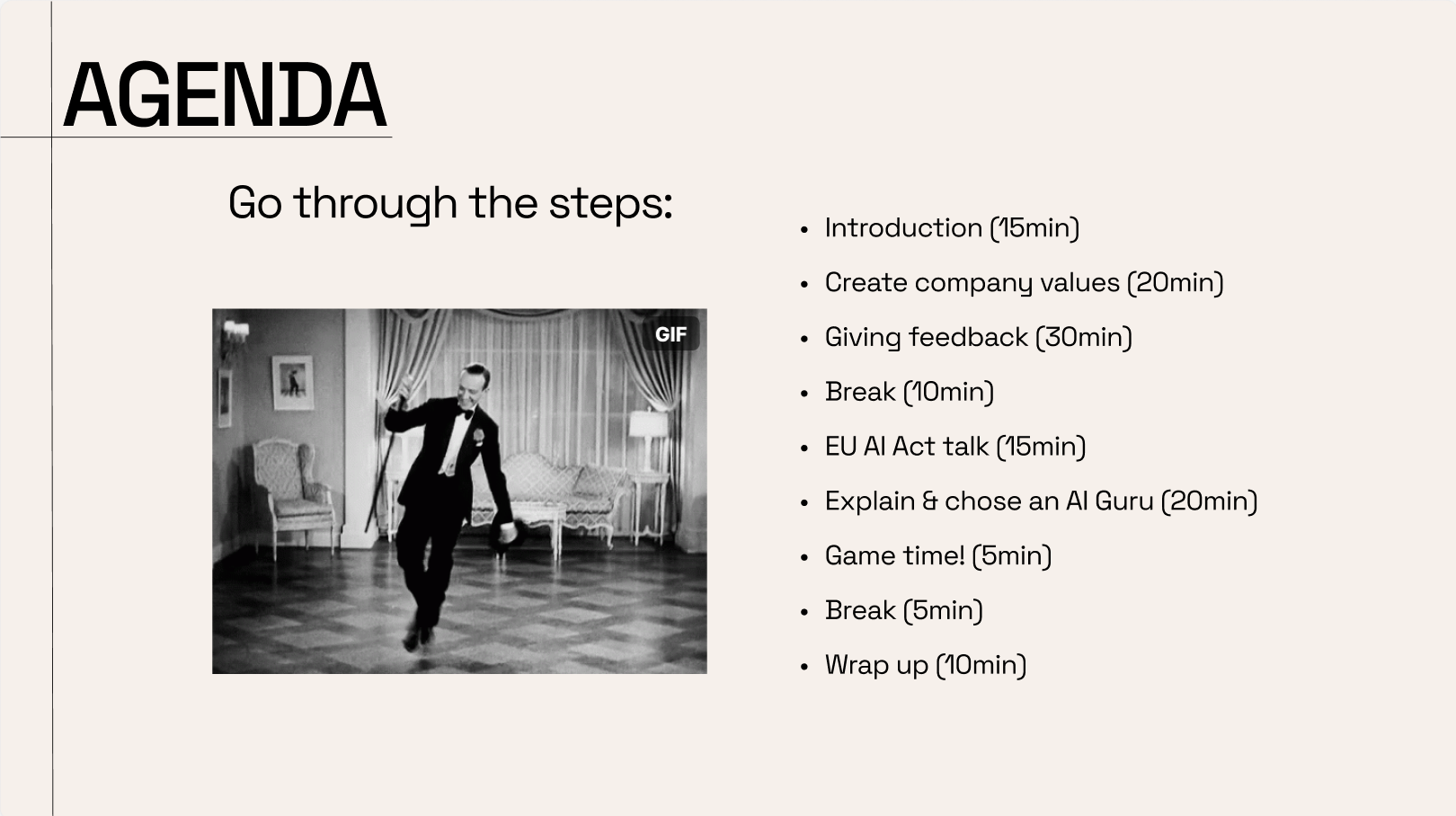 Workshop agenda: a 2-hour session covering company values, feedback, EU AI Act, AI Guru election and a game