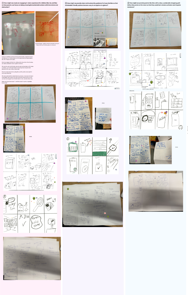 Crazy 8s ideation sketches for the three HMW questions