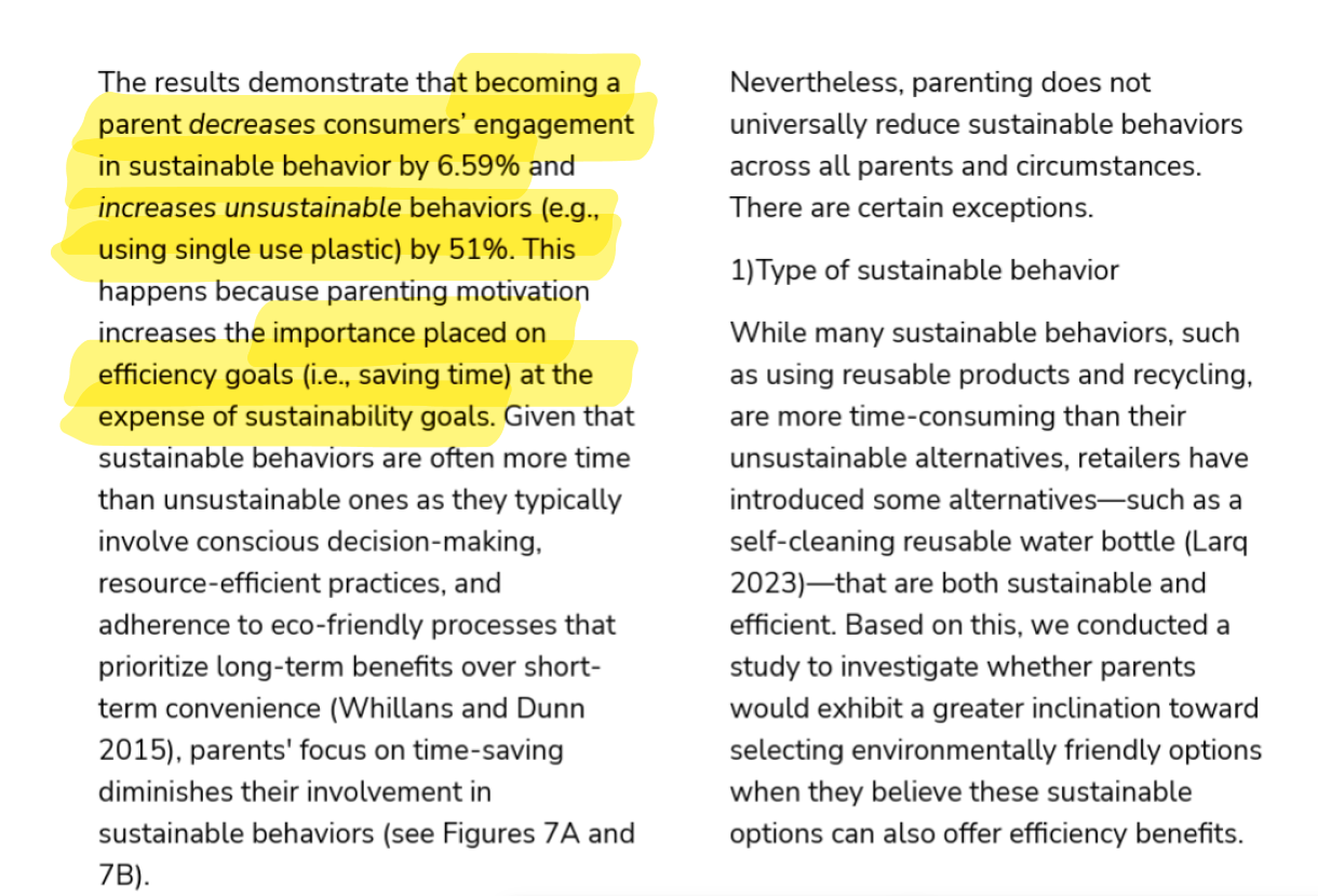 Desk research highlighting that becoming a parent decreases engagement in sustainable behavior